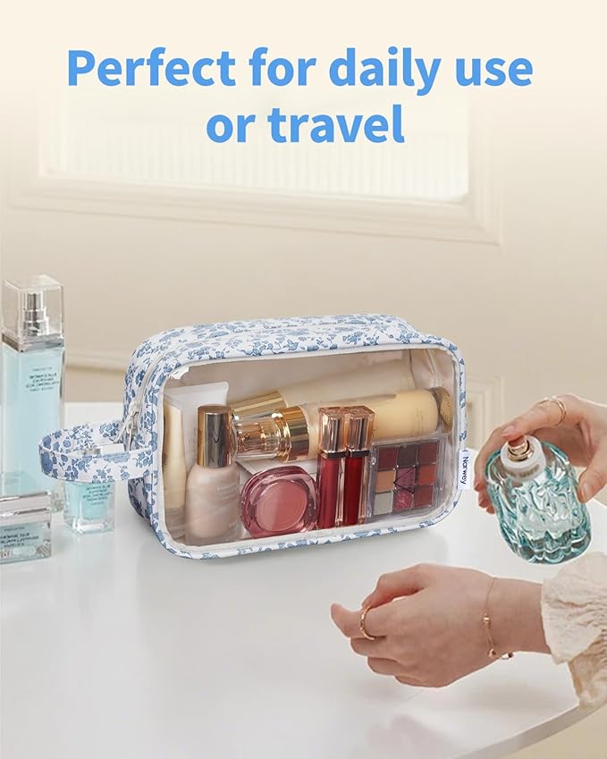 Narwey Clear Makeup Bag Cosmetic Bag with Zipper for Travel, Clear Toiletry Bags for Traveling Toiletries Women Men, Make Up Pouch with Handle, Skincare Bag (Little Blue Flower)