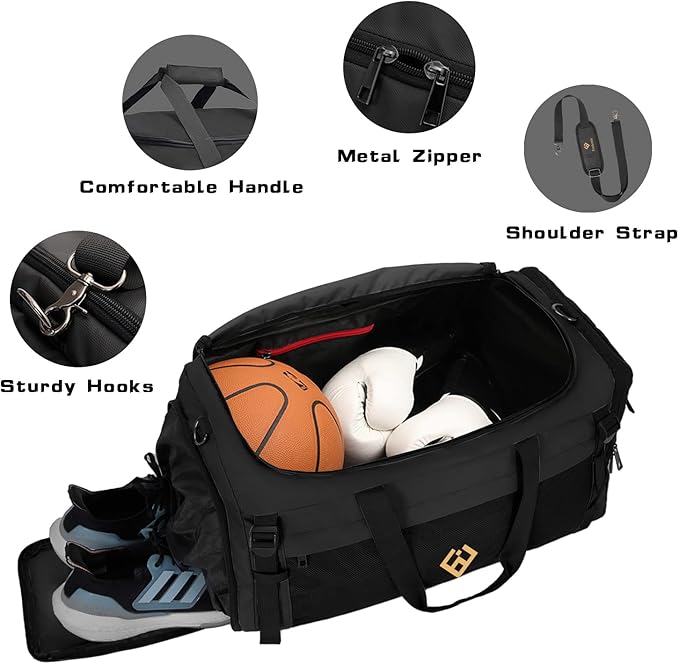 Eackrola Large Sports Gym Bag, Travel Duffel bag with Wet Pocket & Shoes Compartment for men women, 65L, Lightweight（Black）