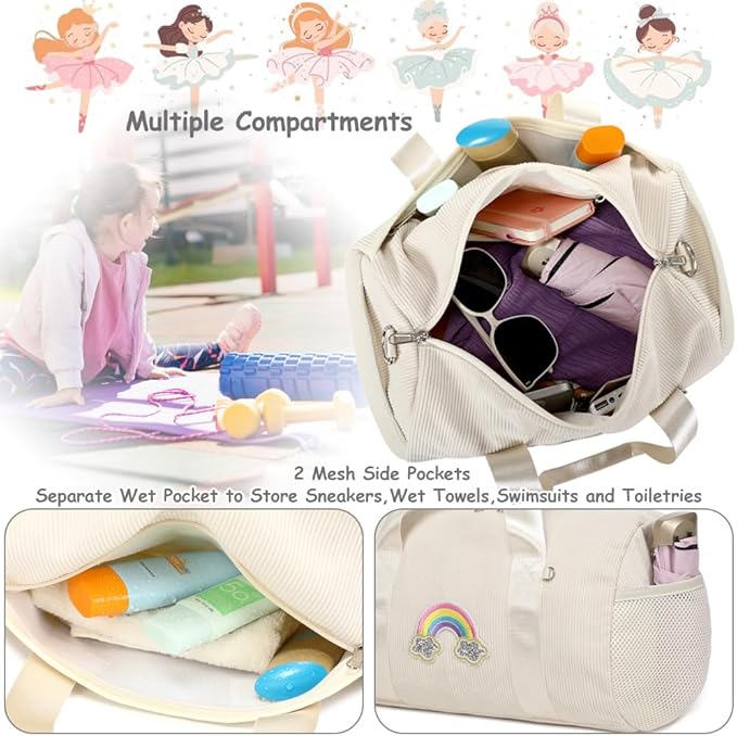 Dance Bag for Girls Dancers Ballet Bag Corduroy Rainbow Sports Duffle Bags for Kids Girls Ballerina Duffle with Shoulder Strap and Waterproof Wet Pocket