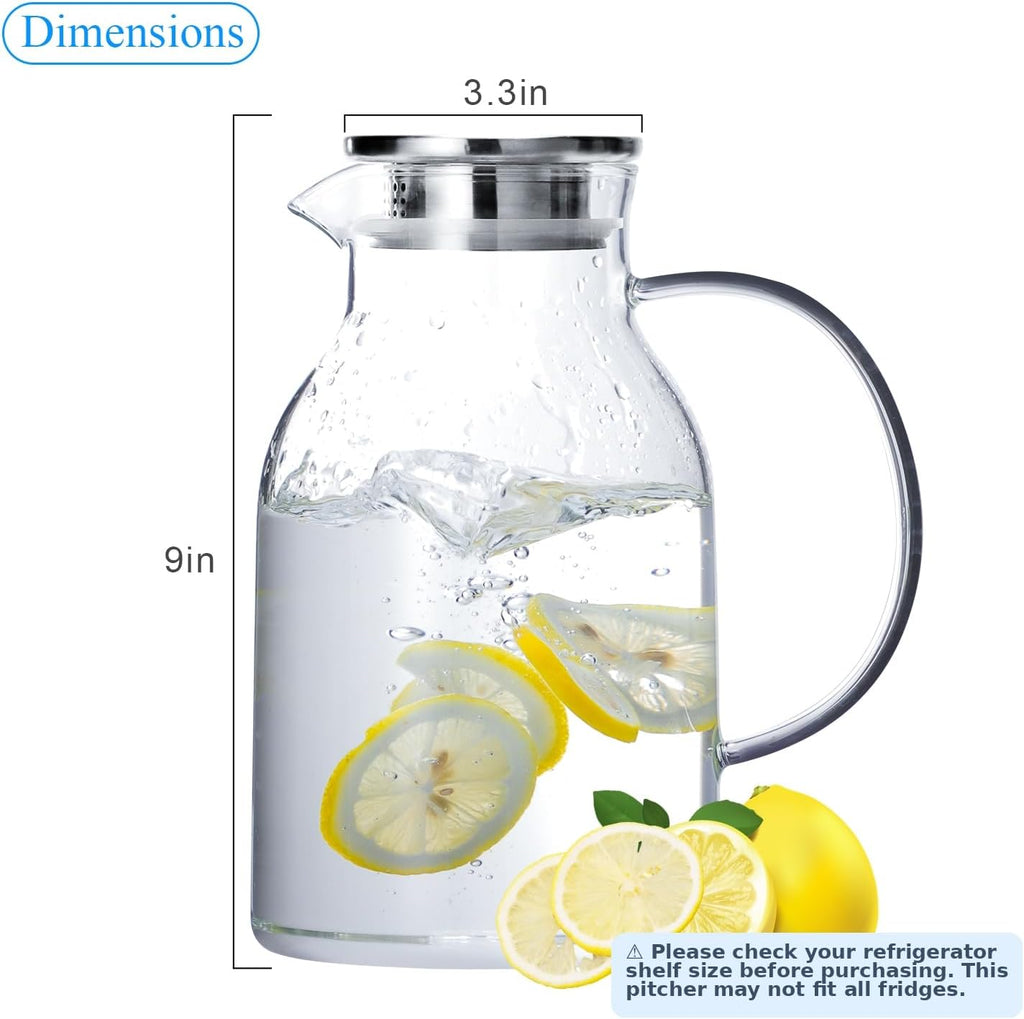 Glass Water Pitcher with Lid and Spout, 68 Ounces Heat Resistant Borosilicate Glass Carafe with Brush and Mixing Spoon, Temperature Safe
