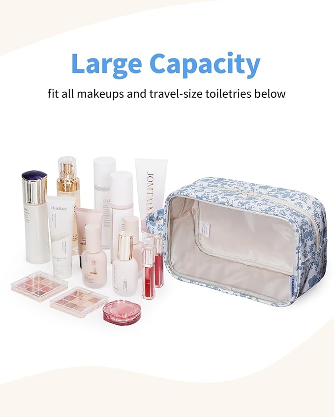 Narwey Clear Makeup Bag Cosmetic Bag with Zipper for Travel, Clear Toiletry Bags for Traveling Toiletries Women Men, Make Up Pouch with Handle, Skincare Bag (Little Blue Flower)