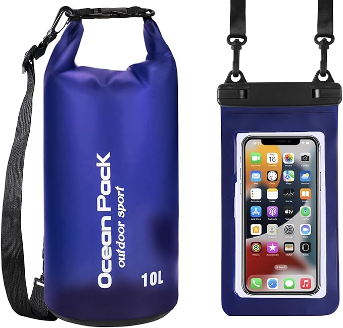 2 Pieces Waterproof Dry Bag for Women and Men, 10L Roll Top Waterproof Backpack Sack with Waterproof Phone Case, for Hiking, Backpacking, Kayaking, Camping, Swimming, Boating(Dark blue)