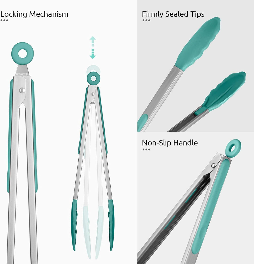 600ºF Heat Resistant Kitchen Tongs: U-Taste 9+12 inch Silicone Cooking Tong Set with Firm Sealed Non Stick Rubber Tips and Silicon Coated 18/8 Stainless Steel Handle for Serving Grilling (Aqua Sky)
