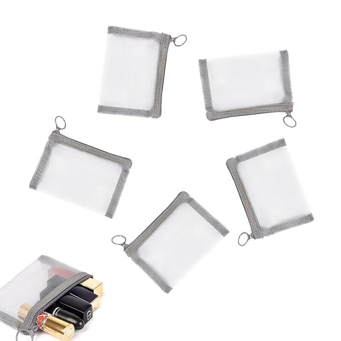 Patu Mini Zipper Mesh Bags, 4" x 5", Size S / A7, 5 Pieces, Beauty Makeup Lipstick Cosmetic Accessories Organizer, Small Travel Kit Storage Pouch, Gray