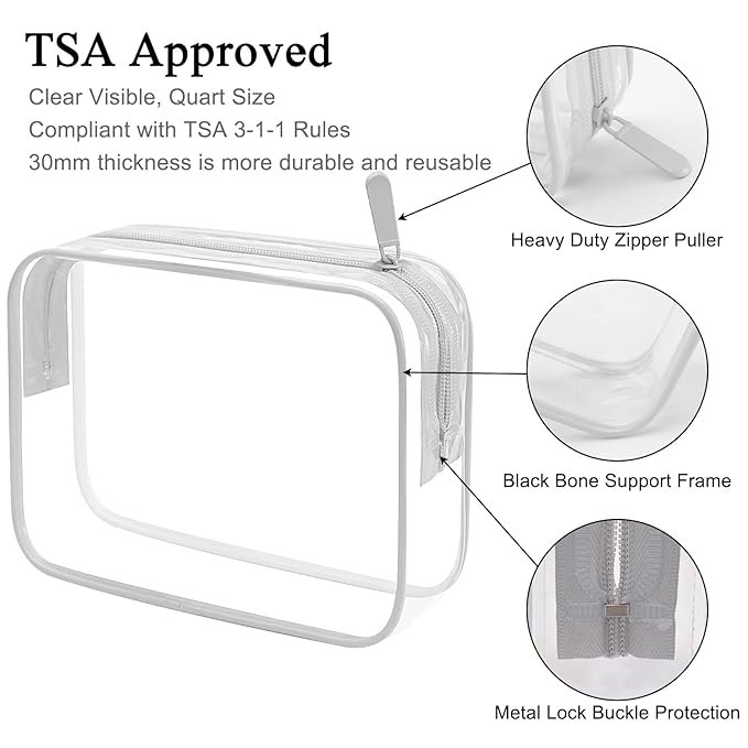 Lermende 2pcs Clear Toiletry Bag TSA Approved Travel Bag,Carry On for Travel,Airport Airline Accessories Compliant Bag,Quart Sized Makeup Cosmetic bag Women Men (Transparent Gray, 2 Pack)