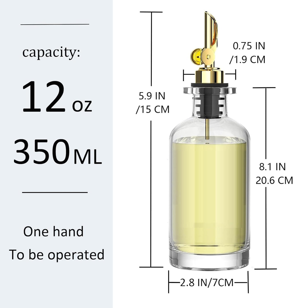 Pafusen 2 Pack Olive Oil Dispenser Bottle, 12 oz Oil Bottles for Kitchen, Glass Oil Coffee Syrup Dispenser, Simple Syrup Bottles with 2 Auto Flip Olive Oil Pourers, Gold