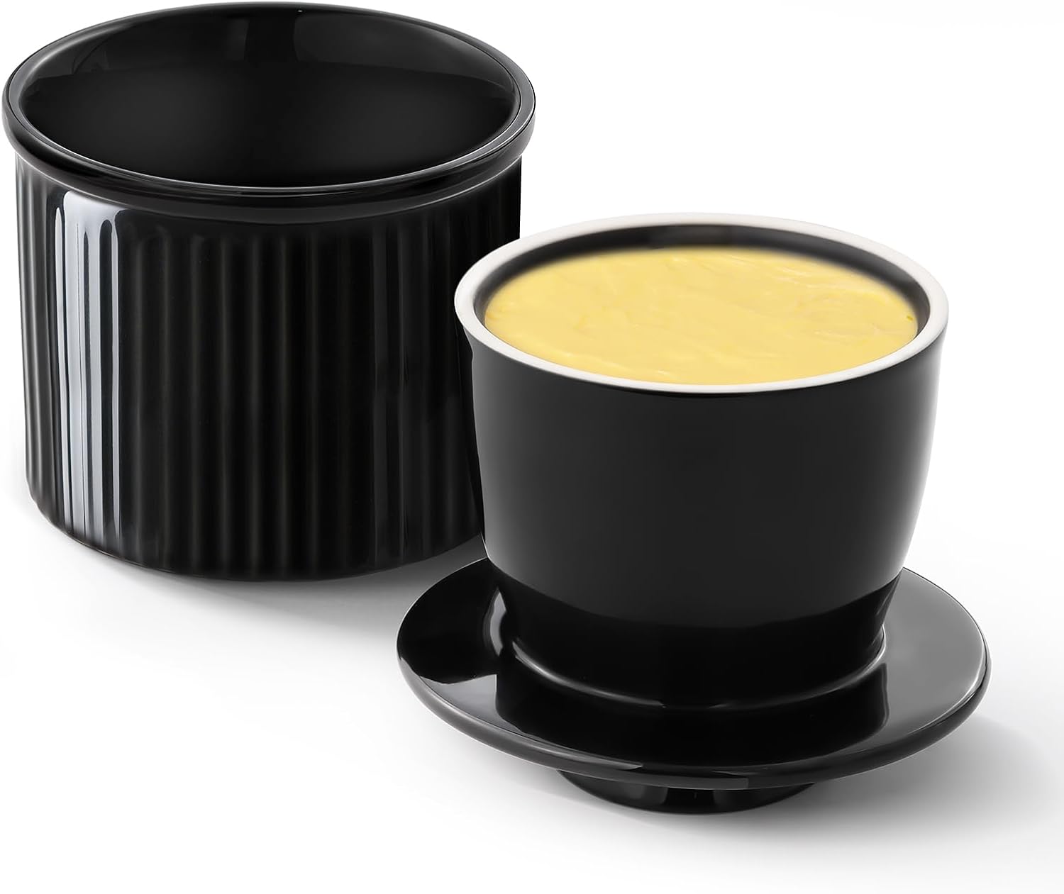 Large Butter Crock Bell for Counter with Water Line, Butter Keeper, Ceramic French Butter Dish Holder for Fresh Spreadable Soft Butter (Black, 8 Ounce)