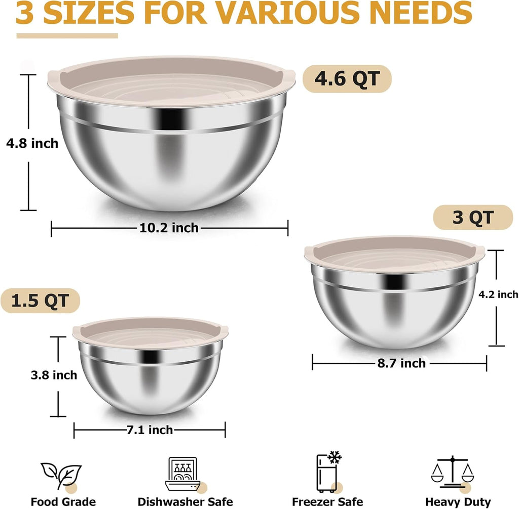 TeamFar Mixing Bowls, Stainless Steel Nesting Salad Bowls with Airtight Lids Set, For Serving/Mixing/Storing, Rust-proof & Heavy Duty, Dishwasher Safe, Set of 3-4.6/3 / 1.5 QT, Khaki