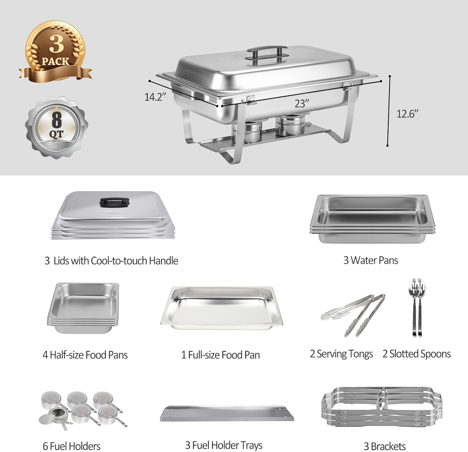 3 Packs Chafing Dish Buffet Set 8QT Stainless Steel with Full Size and 1/2 Size Pans Portable Serve Food Warmer for Catering Parties Wedding Graduation Commercial Events, 5 Pans