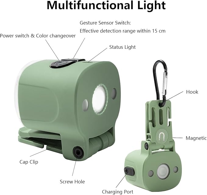 2-Pack Mini Hands Free Rechargeable Hat Light Camping Lanterns Magnetic IPX4 Waterproof Clip on Ultra Light for Emergency, Outdoor, Camping, Fishing, Biking, Night Running (Green)