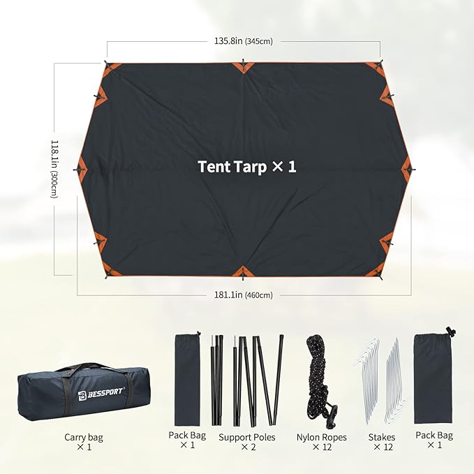 Bessport Camping Tarp, 169.8FT with 2 Poles, Lightweight Car Awning Sunshade, Portable Multifunctional Backpacking Rain Fly Hammock for Outdoor, Traveling
