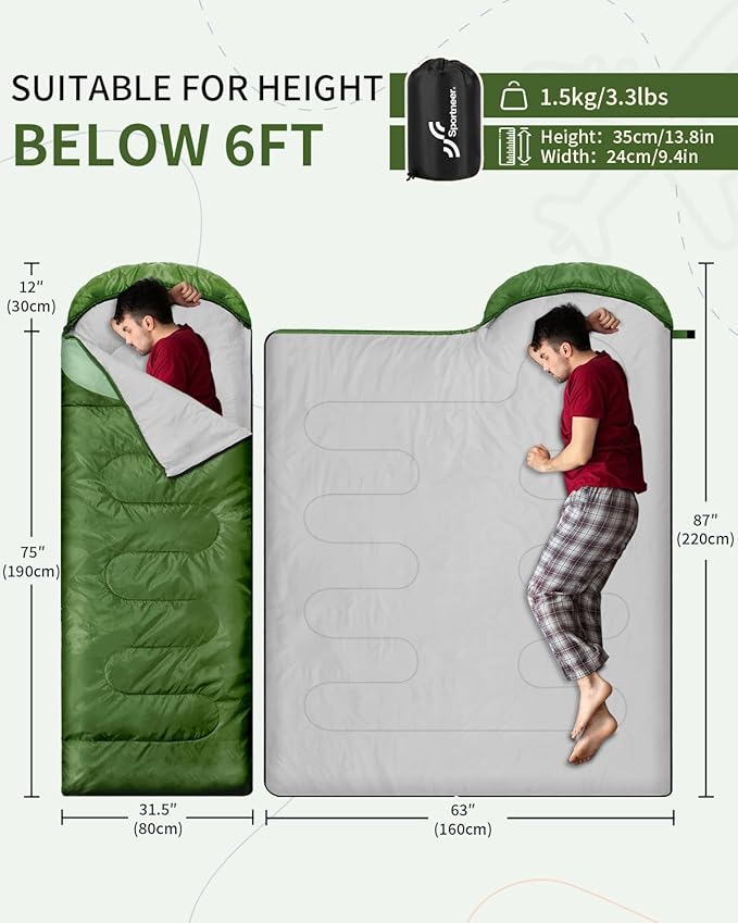 Sportneer Sleeping Bags for Adults, Warm & Cold Weather Sleeping Bag for Adults Kids Boys Girls - Lightweight Compact Camping Gear Equipment, Traveling, Backpacking, Hiking