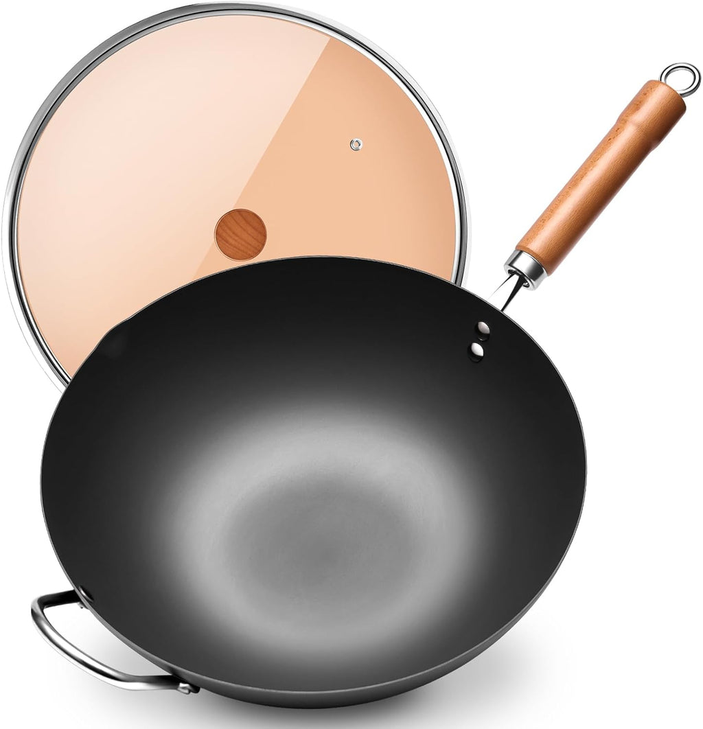 WANGYUANJI Iron Wok,12.59 inch Woks for Stir-fry, Chinese Stir Fry Pan Uncoated, Traditional Flat Bottom Iron Pot for Induction, Electric, Gas, Suitable for All Stoves(Pure Iron Wok)