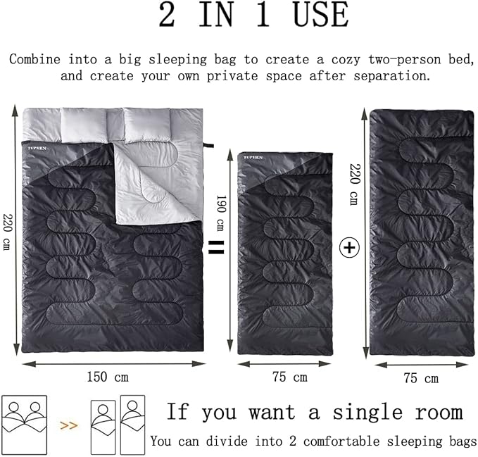 Tuphen Double Sleeping Bag, Sleeping Bag with 2 Pillows, Queen Size XL Bag for 2 People, Cold Warm Weather- 3 Seasons, Waterproof Adults for Camping, Backpacking or Hiking