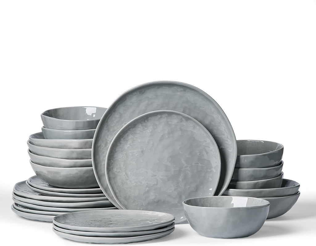 Famiware Porcelain kitchen plates and bowls set, Modern dishes set for 6, Handmade Wave Edge Dinnerware Sets, Microwave and Dishwasher Safe Tableware, Sleek Grey (24pc)