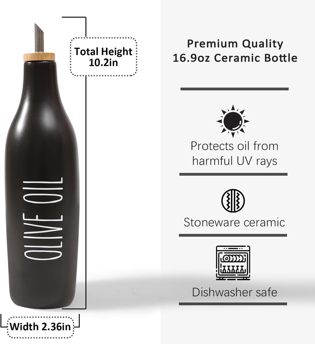 HOMCDALY Olive Oil and Vinegar Dispenser Set, Ceramic Oil and Vinegar Bottles with Bamboo Tray, 16.9oz Kitchen Cruet - Set of 2 - Black