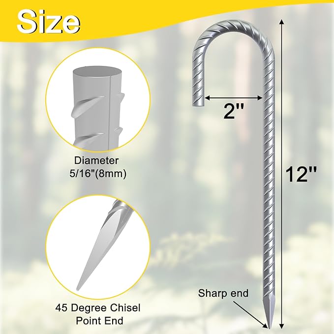 Rebar Stakes 12 inch, 5/16" Diameter Heavy Duty J Hook Stakes 30 Pack, Galvanized Anti-Rust Ground Anchor Long Tent Stakes for Dog Fence Trompoline Swing Set