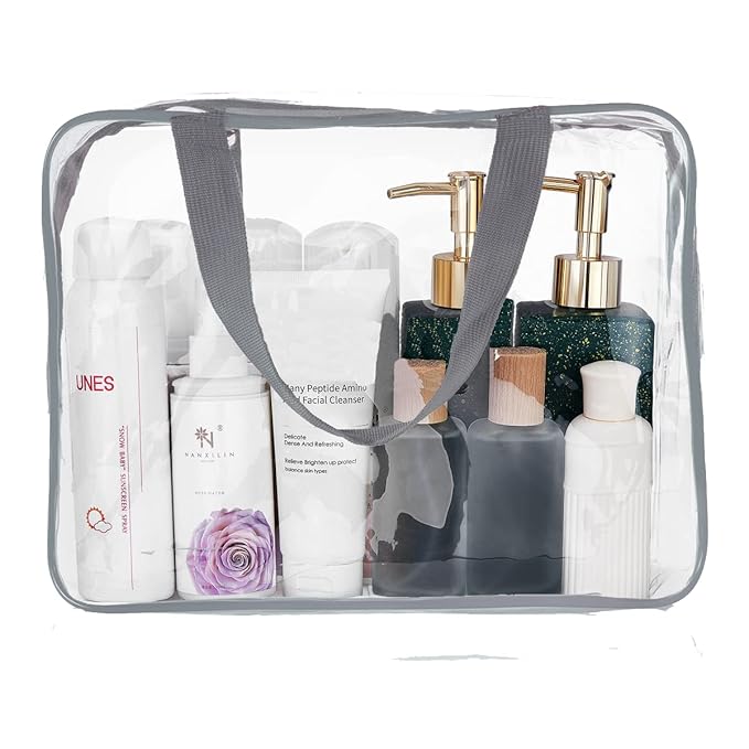 5Pcs Crystal Clear PVC Travel Toiletry Bag Kit for Women Men, Waterproof Vinyl Packing Organizer Storage Bags with Zipper Handle Straps, Cosmetic Pouch Carry on Airport Airline Compliant Bag Handbag