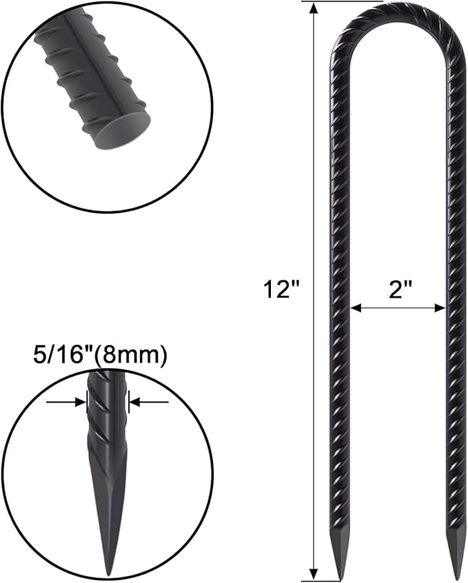 VVOKGO 12 Inches Trampoline Stakes Anchors High Wind Heavy Duty, 8pcs U Shaped Ground Rebar Metal Tent Galvanized Steel Stakes Tie Down Anchor Kit for Camping Tents, Soccer Net, Swing Set Black