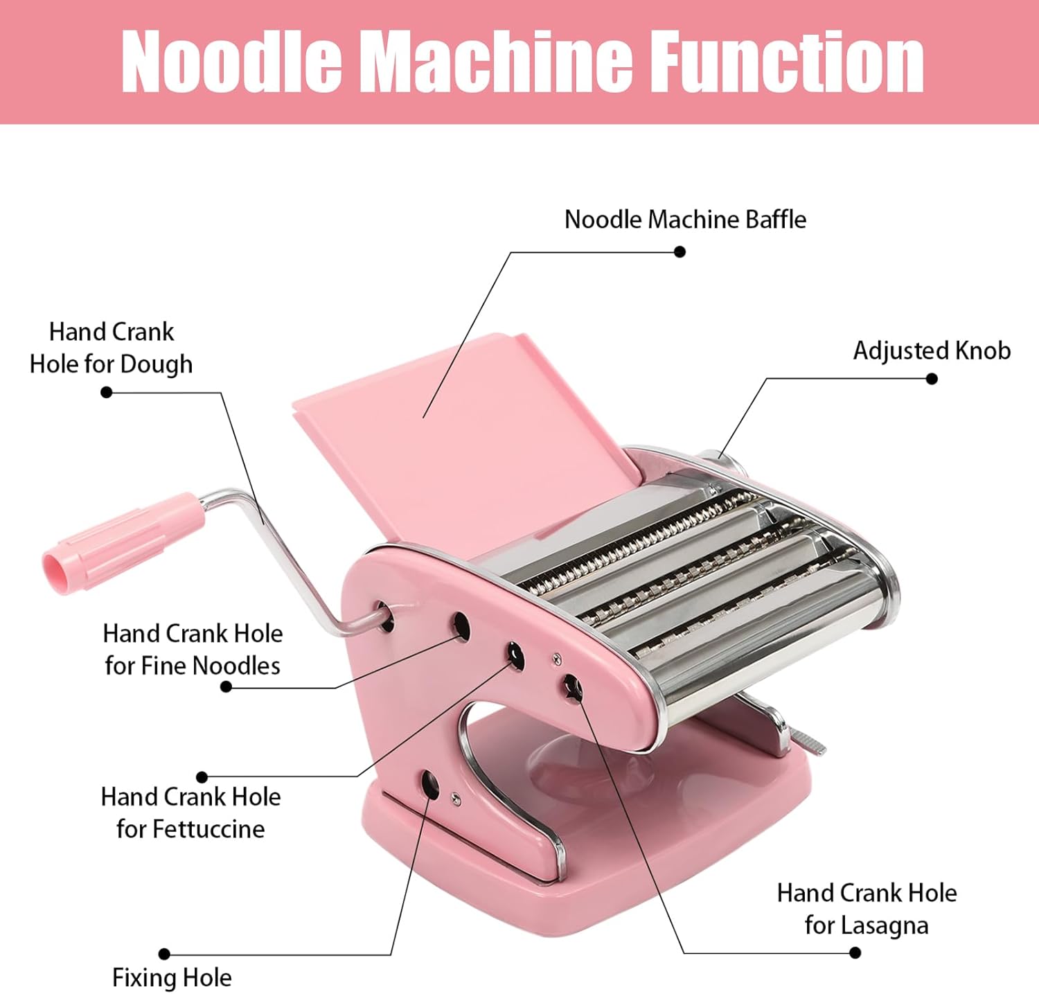 Pasta Maker Machine-6 Adjustable Thickness Settings, Adjustable Clamp, stainless steel Construction for Spaghetti, Fettuccini, Lasagna, Dumpling Skins (Pink pasta maker)