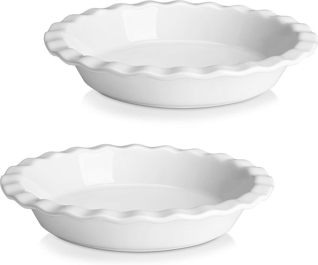 MALACASA Ceramic Pie Pan Set of 2, 9 inch, 40 oz Round Pie Dishes with Fluted Edges, Non Stick, For Quiche, Apple Pies, Pot Pies & More