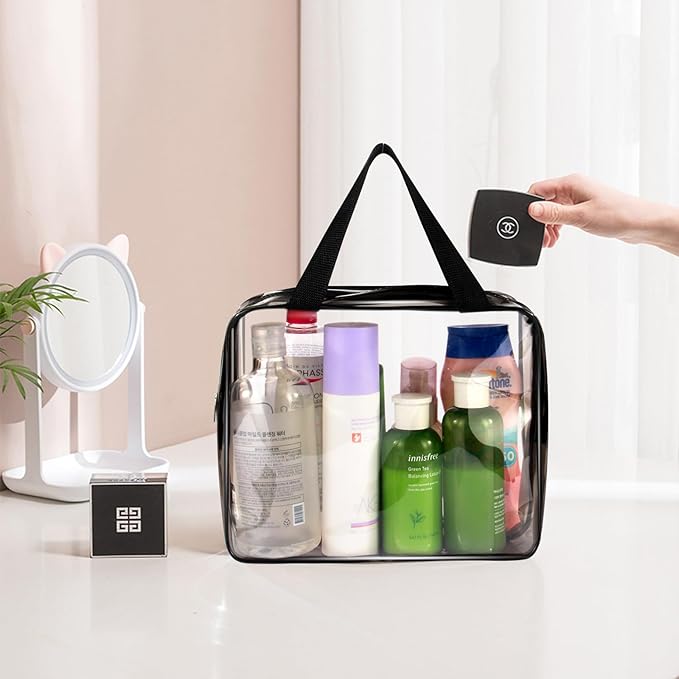 2Pcs Crystal Clear PVC Travel Toiletry Bag Kit for Women Men, Waterproof Vinyl Organizer Clear Makeup Bags with Zipper, Cosmetic Bag Pouch Carry on Airport Airline Compliant Bag Handbag (Double Layer)