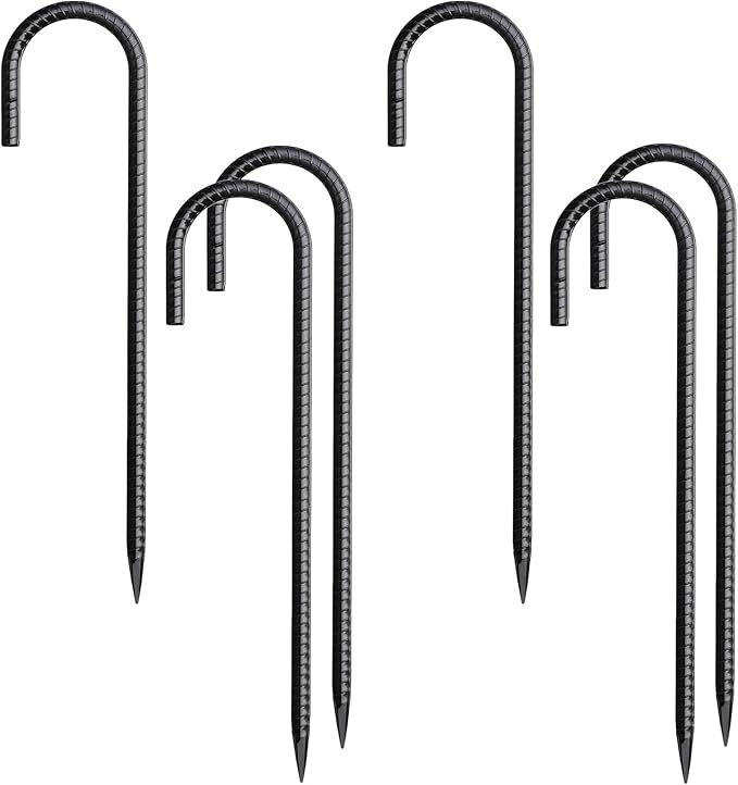 Rebar Stakes 12 Inch 6 Pack Tent Stakes Heavy Duty Metal J Hook, Fence Stakes for Trampoline, Fence, Camping Tent (6, J-12 x5/16 Black)