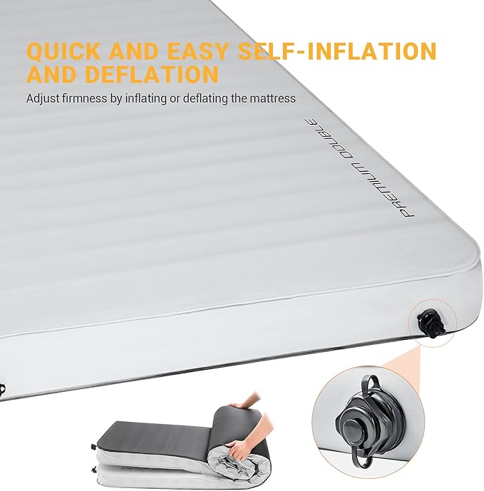 KingCamp Double Sleeping Pad, 2 Person Queen R 7.9 Self Inflating Sleeping Pad, 3" Ultra Thick Full Size Foam Mattress Mat with Pump Sack for Camping Outdoor Tent Car, PVC Free (Lightgrey/Charcoal)