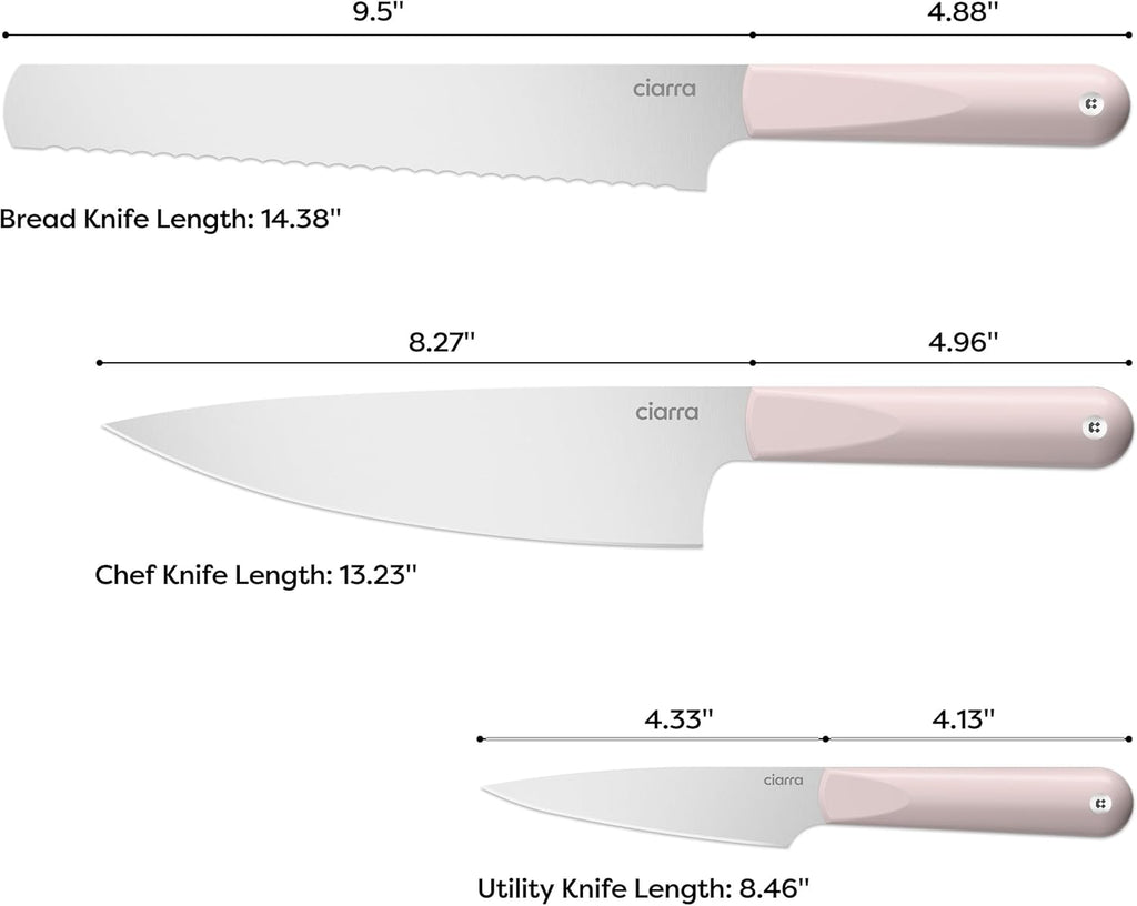 CIARRA Professional Kitchen Knife Set 4 PCS - Chef Knife Set, Bread Knife, Utility Knife, High Carbon Stainless Steel Cooking Knives with Gift Box (Pink)