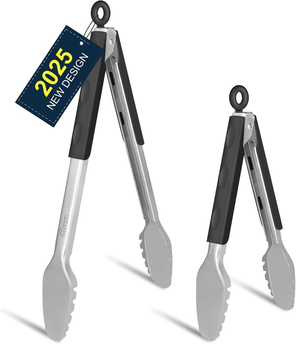 Hotec Stainless Steel Kitchen Tongs Grill Tongs Set of 2-9" and 12", Barbecue Tongs Locking Metal BBQ Kitchen Food Tongs for Cooking Non-Slip Grip