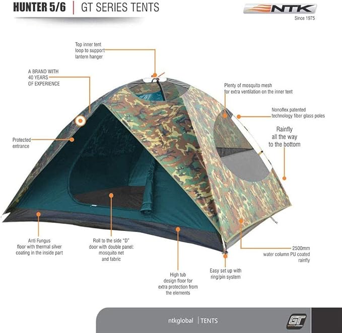 NTK Hunter GT 4/6/8 Outdoor Dome Woodland Camo Camping Tent 100% Waterproof 2500mm, Easy Assembly, Durable Fabric Full Coverage Rainfly - Micro Mosquito Mesh