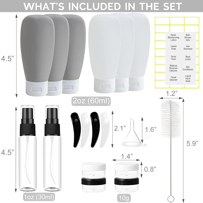 20 Pack Travel Bottles Set - TSA Approved Leak Proof Containers Kit for Toiletries - Portable Refillable Accessories for Shampoo, Conditioner, Lotion, Liquids (Black & White)
