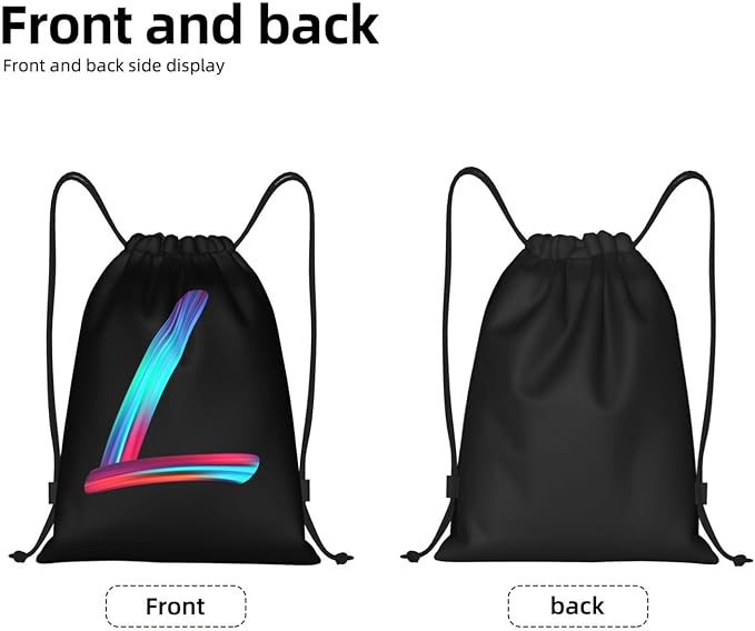 Drawstring Bags Initial Drawstring Backpack Sackpack Black Draw String Cinch Bags for Sports, Gym, Travel, Swimming, Beach, Camping, Rainbow Letter L