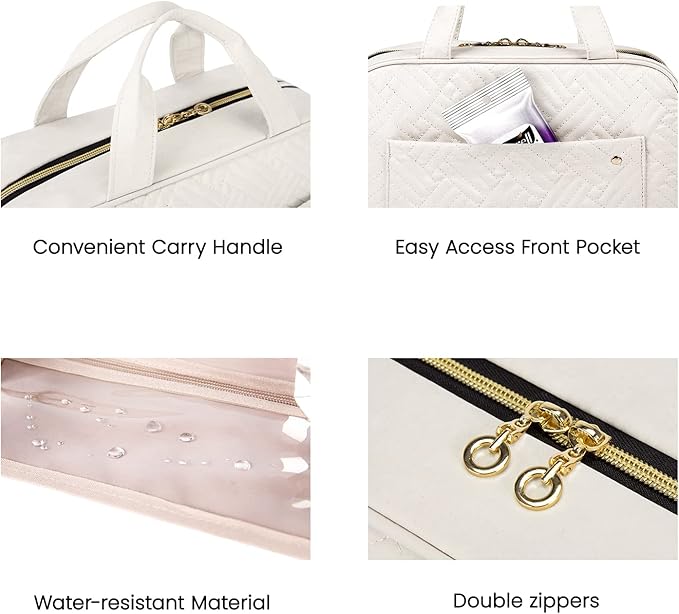 BAGSMART Toiletry Bag Travel Bag with Hanging Hook, Water-resistant Makeup Cosmetic Bag Travel Organizer for Accessories, Shampoo, Full Sized Container, Toiletries (Beige, Large)