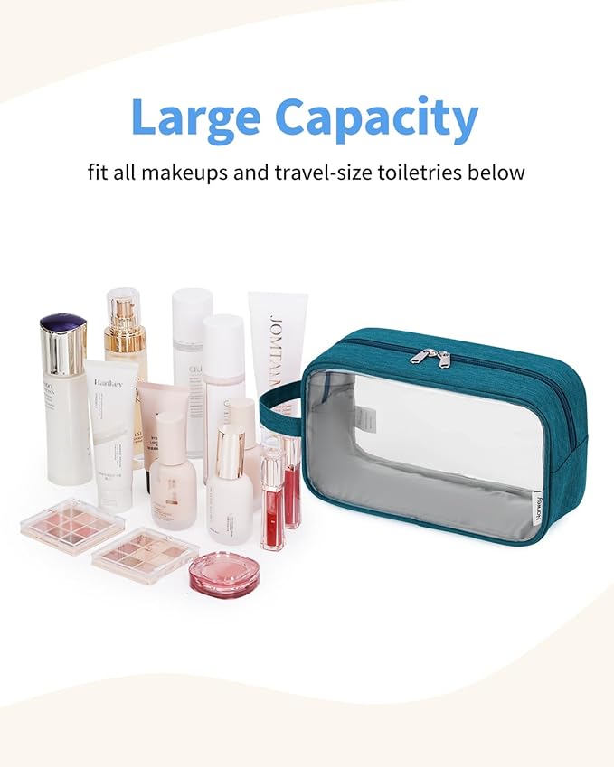 Narwey Clear Travel Toiletry Bags for Traveling Toiletries Men Women, Clear Makeup Bag Cosmetic Bag with Zipper, Make Up Pouch Organizer Bags with Handle, Skincare Bag (Teal)