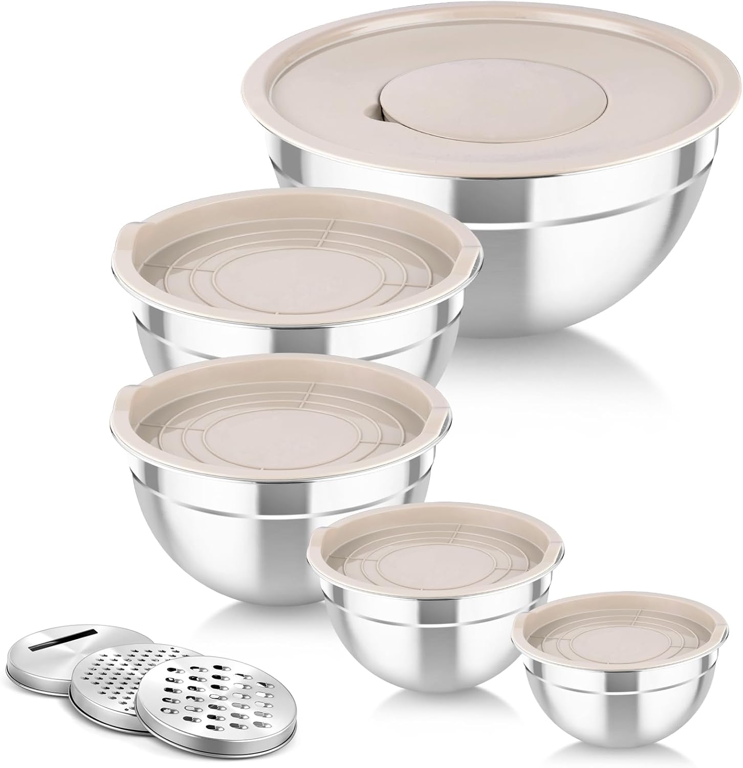 TeamFar Mixing Bowls with Airtight Lids, 5PCS Stainless Steel Metal Salad Bowl with 3 Grater Attachments, for Cooking, Prepping, Serving, Healthy & Easy Clean - 0.7/1/1.5/2.6/4.6QT, Khaki