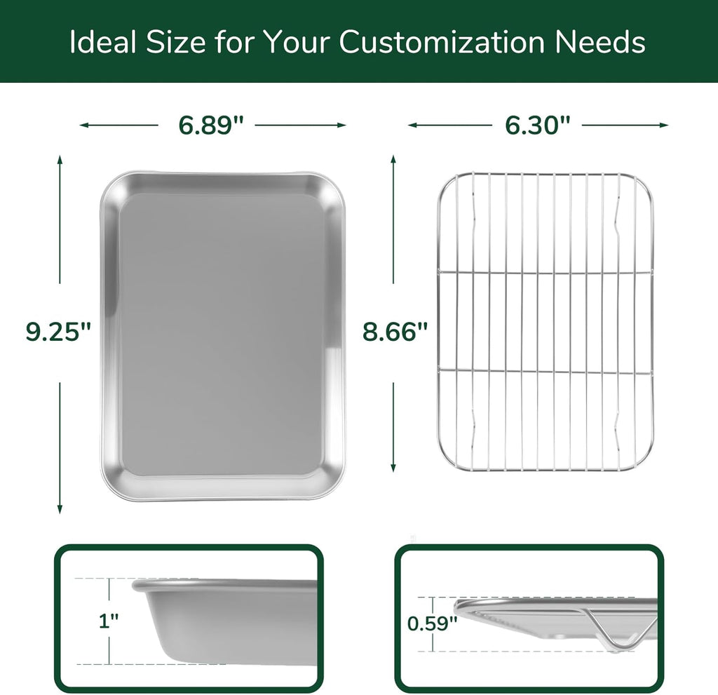18/0 Stainless Steel Baking Sheet with Cooling Rack, 9.2 Inch Oven-Safe Non-Toxic Cookie Sheets for Baking, Coating Free & Rust Resistant for Healthy Family Baking, Easy to Clean, Heavy Duty