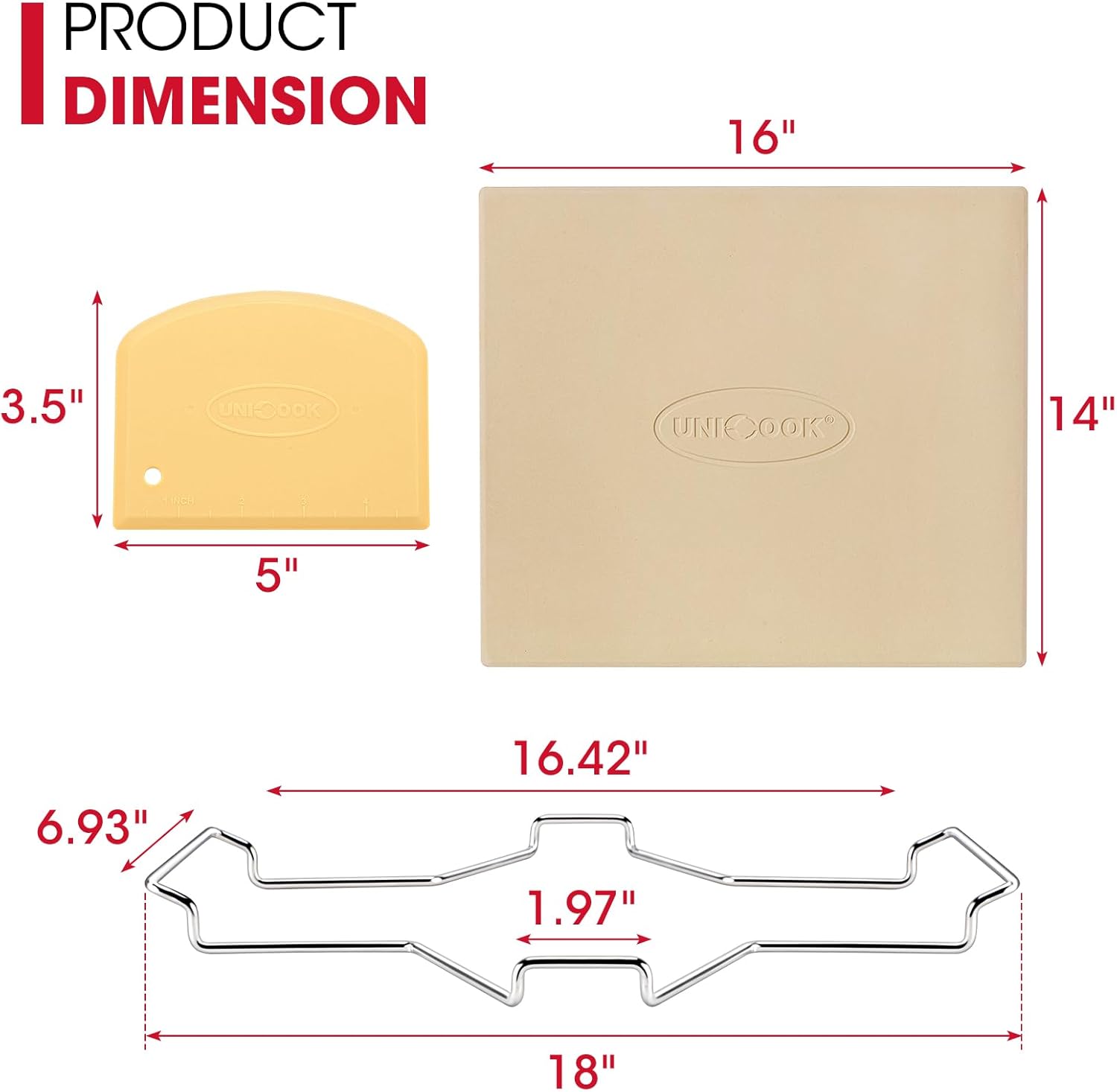 Unicook Pizza Stone for Oven and Grill, 16 x 14 Inch Rectangular Baking Stone for Bread, Cordierite Pizza Pan for Baking Crispy Bread and Cookies, Includes Carry Rack and Dough Scraper