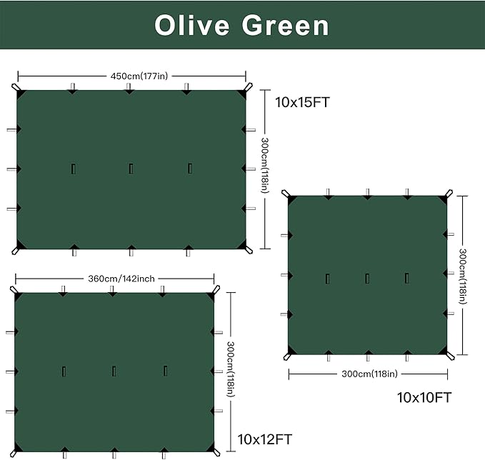 KALINCO Waterproof Camping Tarp, 10X12FT Hammock Rain Fly Tent Tarp, Multifunctional Tent Footprint, Lightweight and Compact for Backpacking, Hiking (Green-10X12FT)