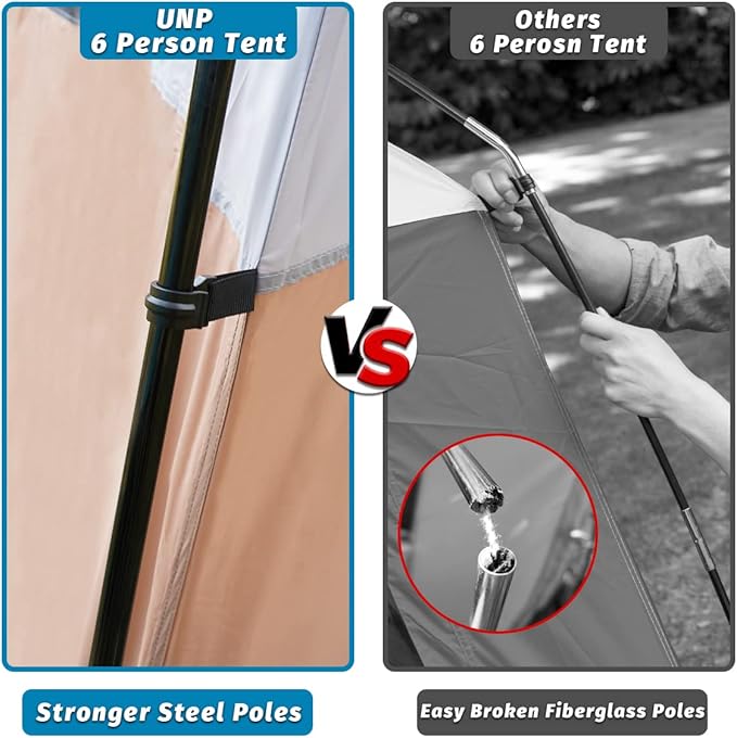 UNP Tents 6 Person Waterproof Windproof Easy Setup,Double Layer Family Camping Tent with 1 Mesh Door & 5 Large Mesh Windows -10'X9'X78in(H)