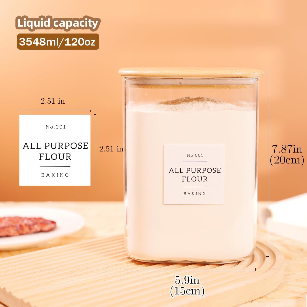 2 Pack Square Glass Flour and Sugar Containers with 132 Kitchen Pantry Labels - Thicken 120 FL OZ Large Glass Storage Jars with Airtight Bamboo Lid - Big Food Canisters for Cookies, Rice, Coffee