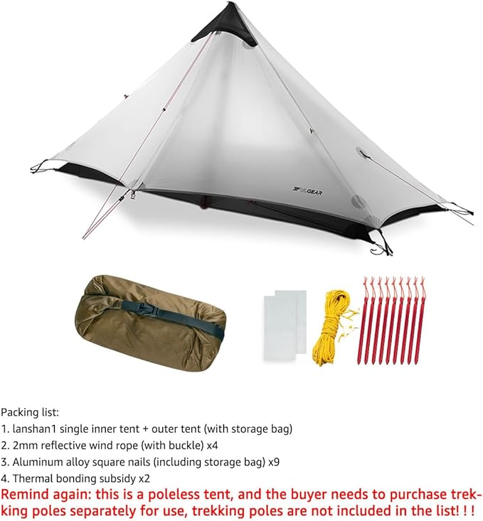 3F UL Gear Lanshan1 Ultralight Tent 3/4 Season Portable Backpacking Tent for 1-Person 15D Silicon Coated Waterproof Poleless Double Layer Tent for Camping, Climbing, Hiking