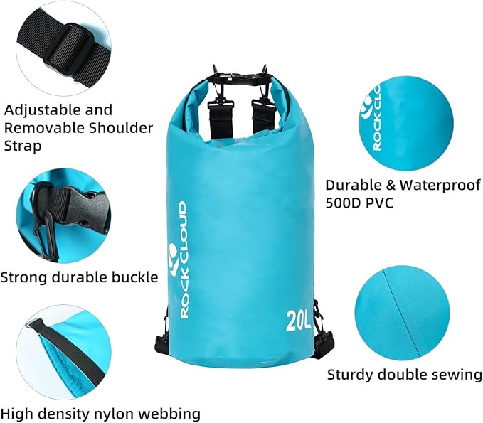 ROCK CLOUD Dry Bag Waterproof 20L Dry Sack for Kayaking Rafting Boating Beach Surfing Swimming Canoe Camping Hiking Fishing Ski, Black