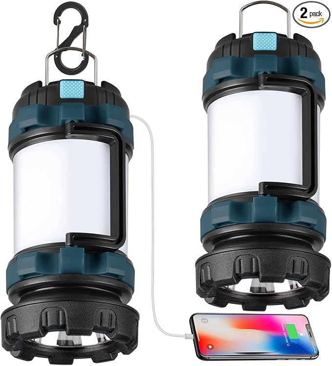 2 Pack Camping Lantern, Outdoor LED Camping Light, Rechargeable Flashlights with 1000LM, 6 Modes, 4000mAh Power Bank, IPX5 Waterproof Portable Emergency Camp Light for Hurricane Survival - Blue