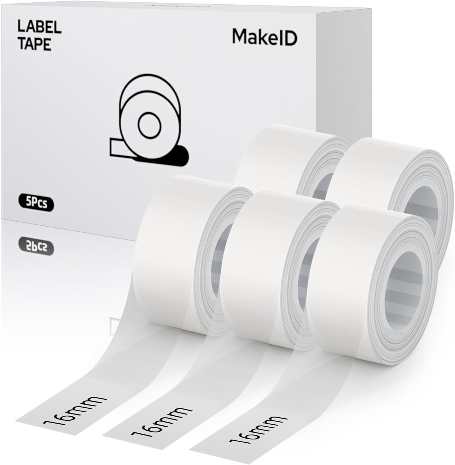 MakeID E1 Q1 Label Maker Tape Refills, 5-Roll 16mm x 4m (0.63" x 13') Continuous Consumables Thermal Laminated Office Labeling Tape Replacement