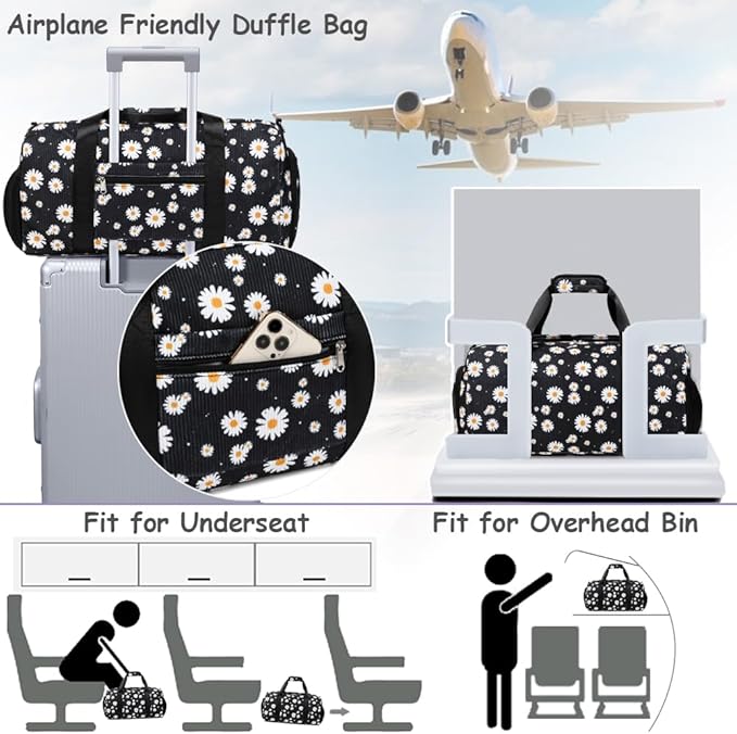 Dance Bag for Girls Gym Bag Sports Duffle Bag with Shoes Compartment Wet Pocket Weekender Overnight Bag for Girls Women Teens Corduroy Daisy Travel Duffle Bag