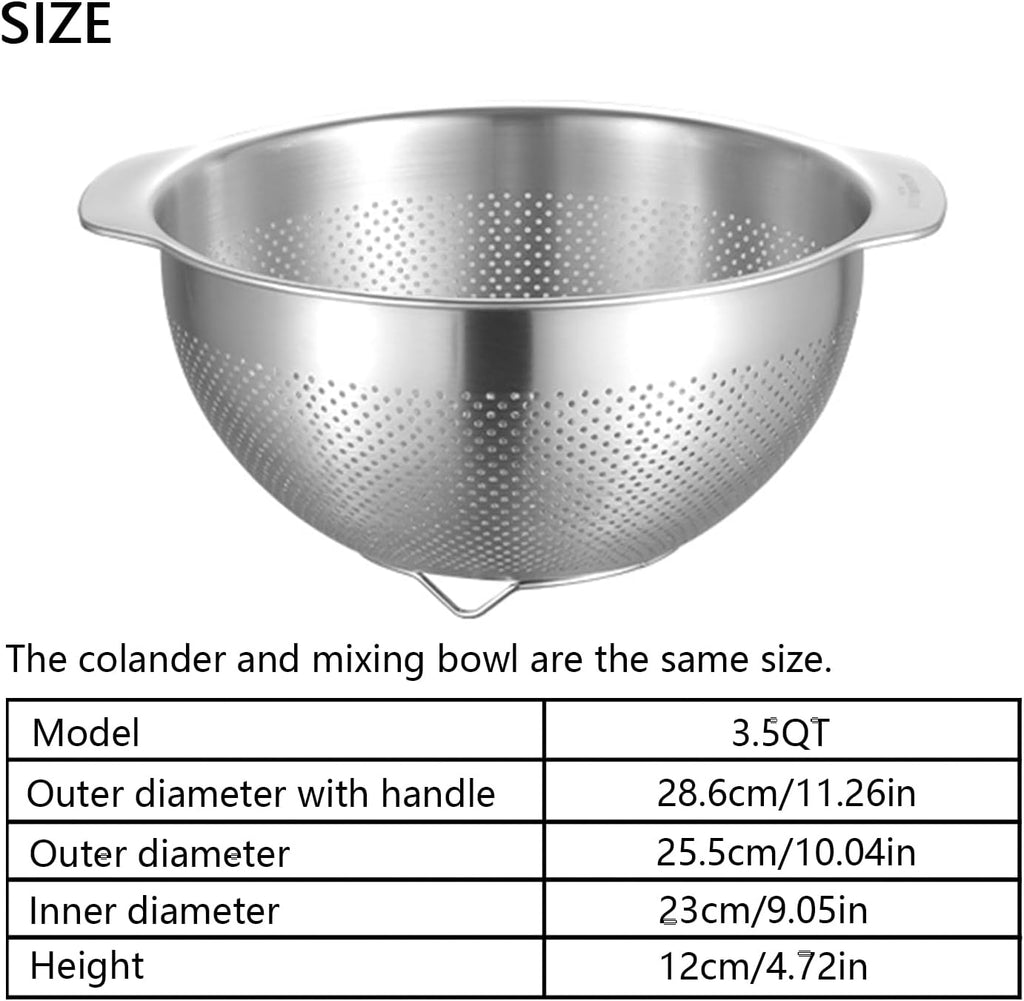 18/8 Stainless Steel Microwell Colander, 3.5QT Large Capacity with Handle Kitchen Food Strainer Basket for Washing Vegetables, Fruits, Rice, and Pasta (primary colour, 3.5QTColander+3.5QT Mixing bowl)