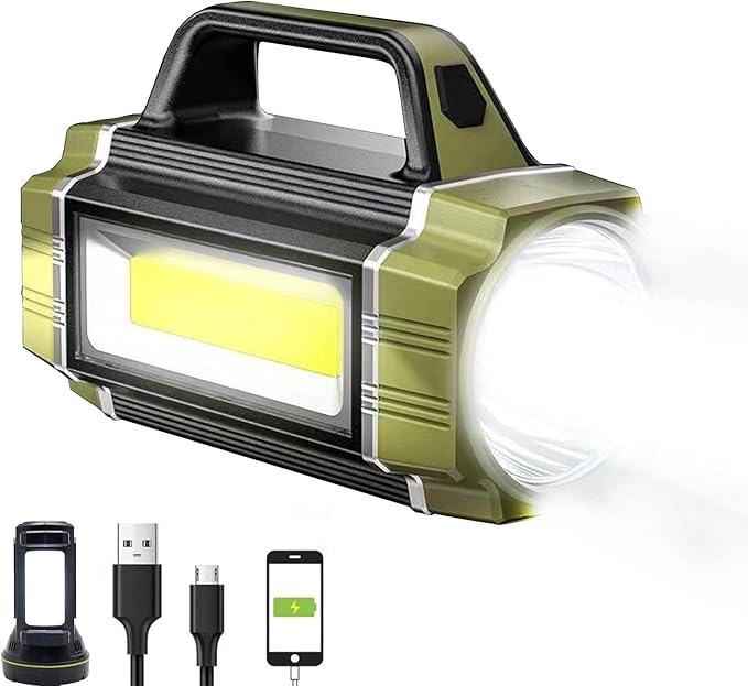 Rechargeable Solar LED Spotlight, Super Bright 13000LM Handheld LED Searchlight, Multi Function Camping Lantern Flashlight, 6 Light Modes, Power Bank, IPX4 Waterproof, for Emergency, Hiking, Home