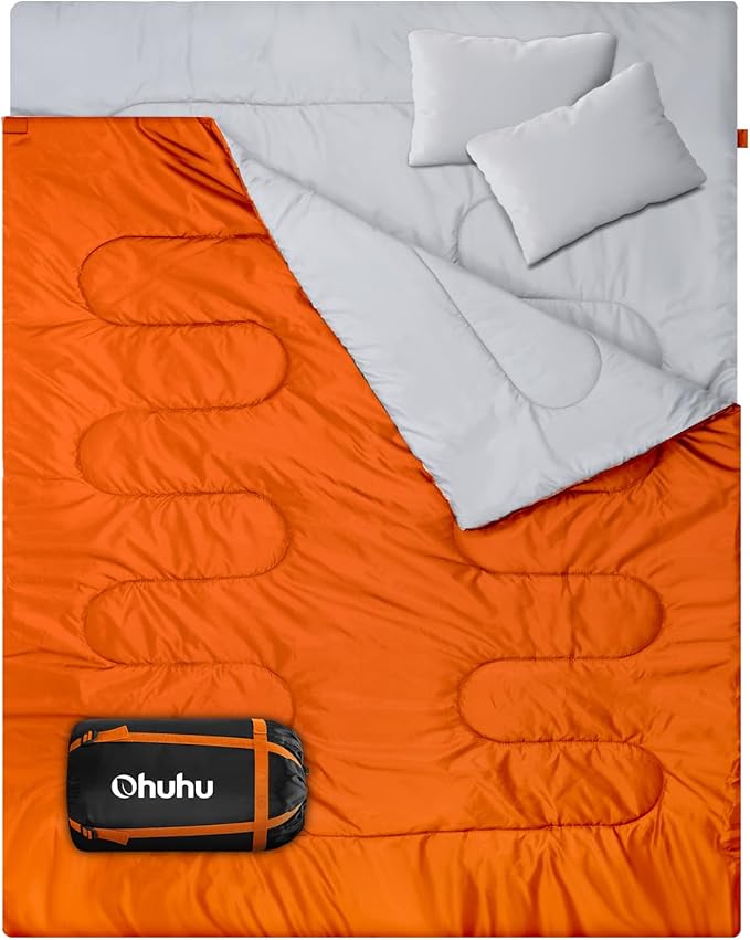 Ohuhu Double Sleeping Bag for Adults with 2 Pillows, Queen Size Two Person Sleeping Bag for Camping Hiking Backpacking 2 Person Sleeping Bags for Cold Weather & Warm