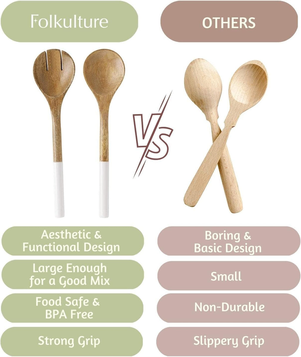 Folkulture Salad Servers or Salad Tongs, Wooden Utensils for Serving Salad, 12-inch Spoon and Fork Set, Mango Wood, White